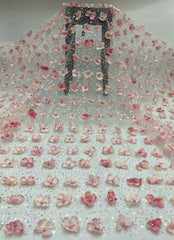 New hand-embroidered floral designs with beads and sequins, elegant women's evening dresses, blouses, strapless gowns, and bead-embellished fabric.