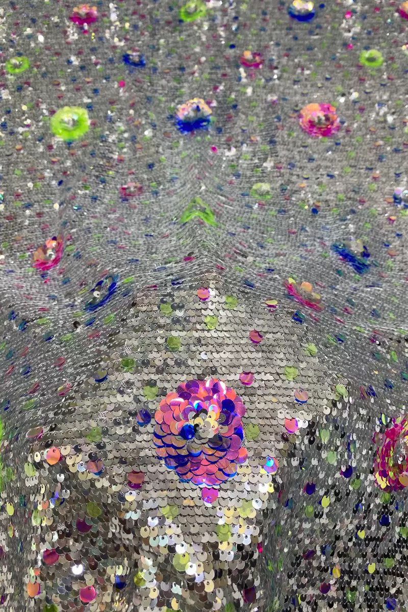 2025 new style stretch net fabric with 5+9mm sequins, fashionable evening dress, fashion clothing, shoes, bags, hats, bead embellished material