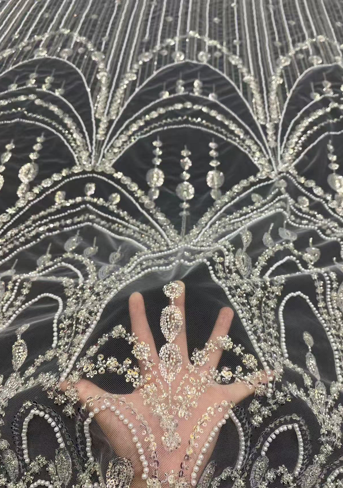 2025 new palace style bead embroidery + sequin embroidery high-end wedding evening dress women's skirt fashion bead embroidery fabric
