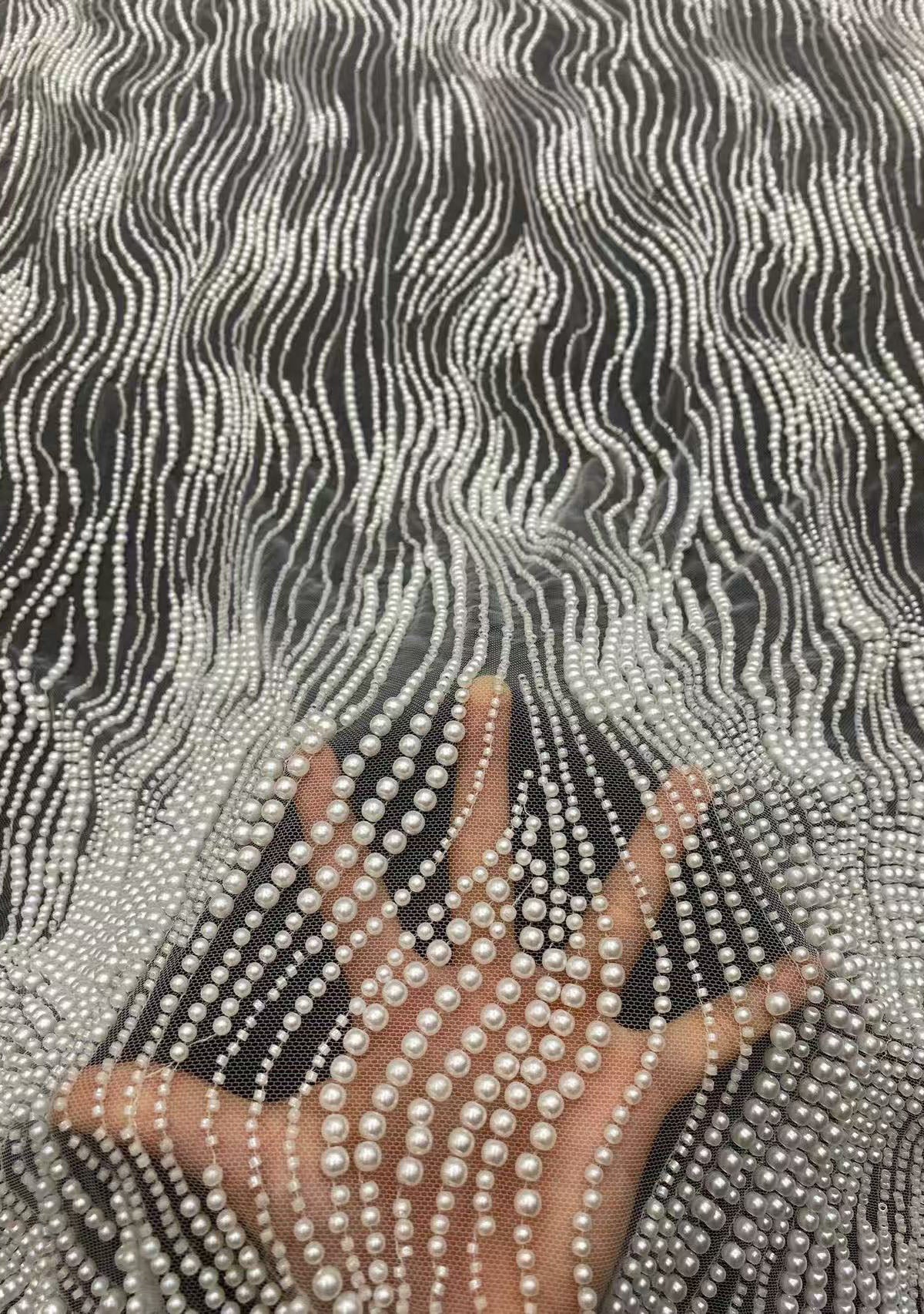 2025 new style mesh fabric with bead embroidery and large and small pearl embroidery, wedding evening dress, banquet dress, bead embroidery fabric