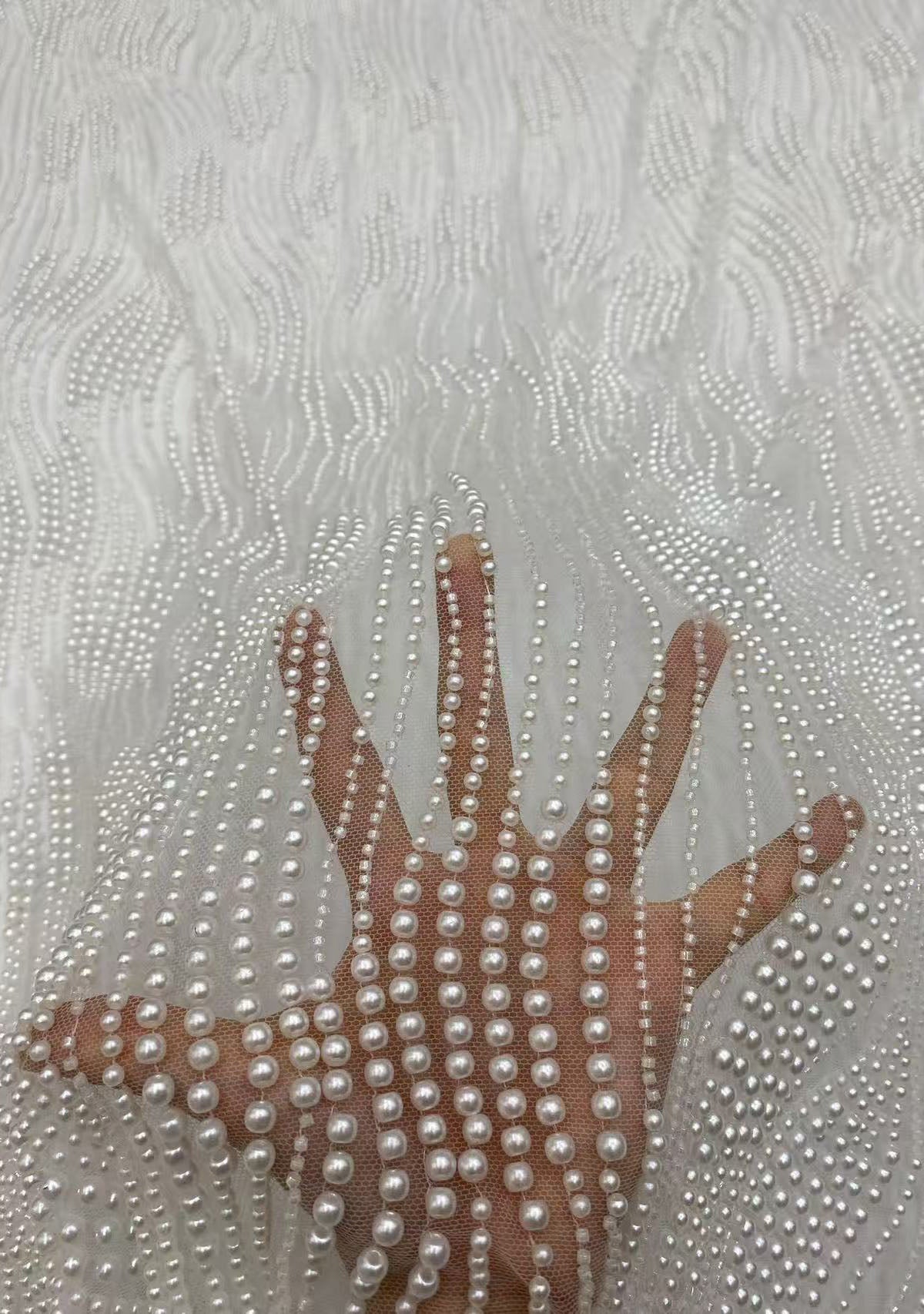 2025 new style mesh fabric with bead embroidery and large and small pearl embroidery, wedding evening dress, banquet dress, bead embroidery fabric