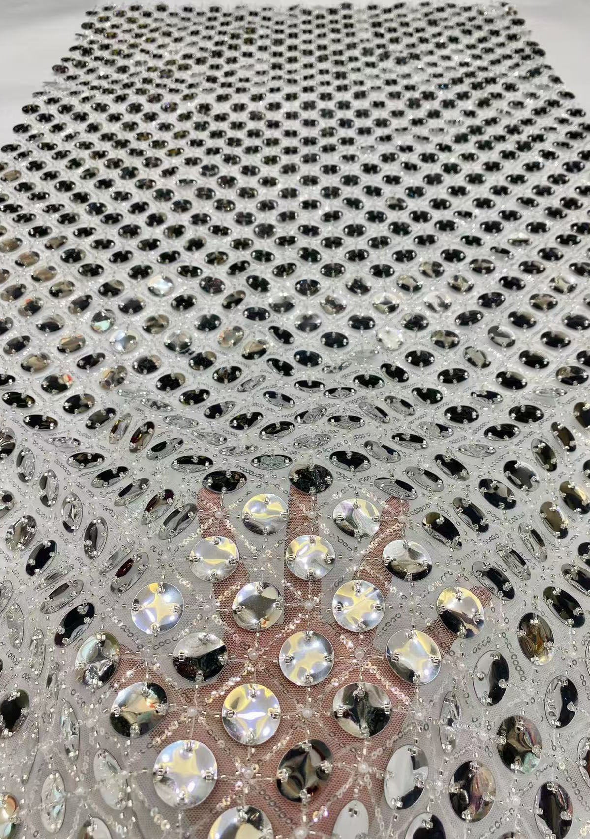 New round sheet laser embroidery + bead embroidery + sequin embroidery Women's skirt dress stage fashion clothing bead embroidery fabric