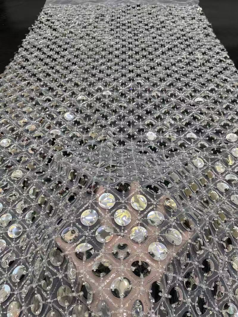 New round sheet laser embroidery + bead embroidery + sequin embroidery Women's skirt dress stage fashion clothing bead embroidery fabric