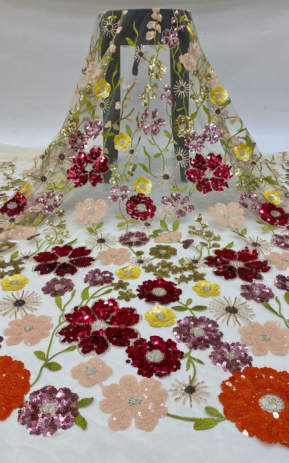 2025 new multi-color embroidery with beads and sequins, cross-border wedding dress evening gown fashion dress embroidered fabric