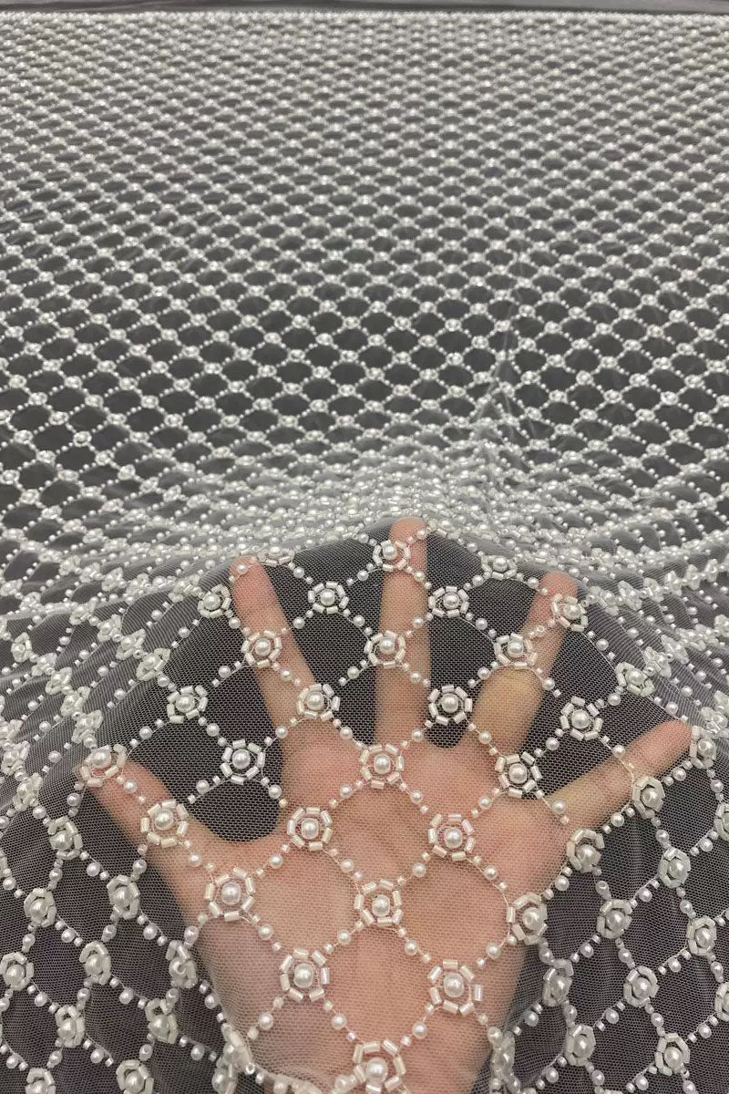New heavy-duty four pearl rhombus mesh large bubble embroidery luxury wedding dress evening gown fashion performance outfit bead embroidery fabric