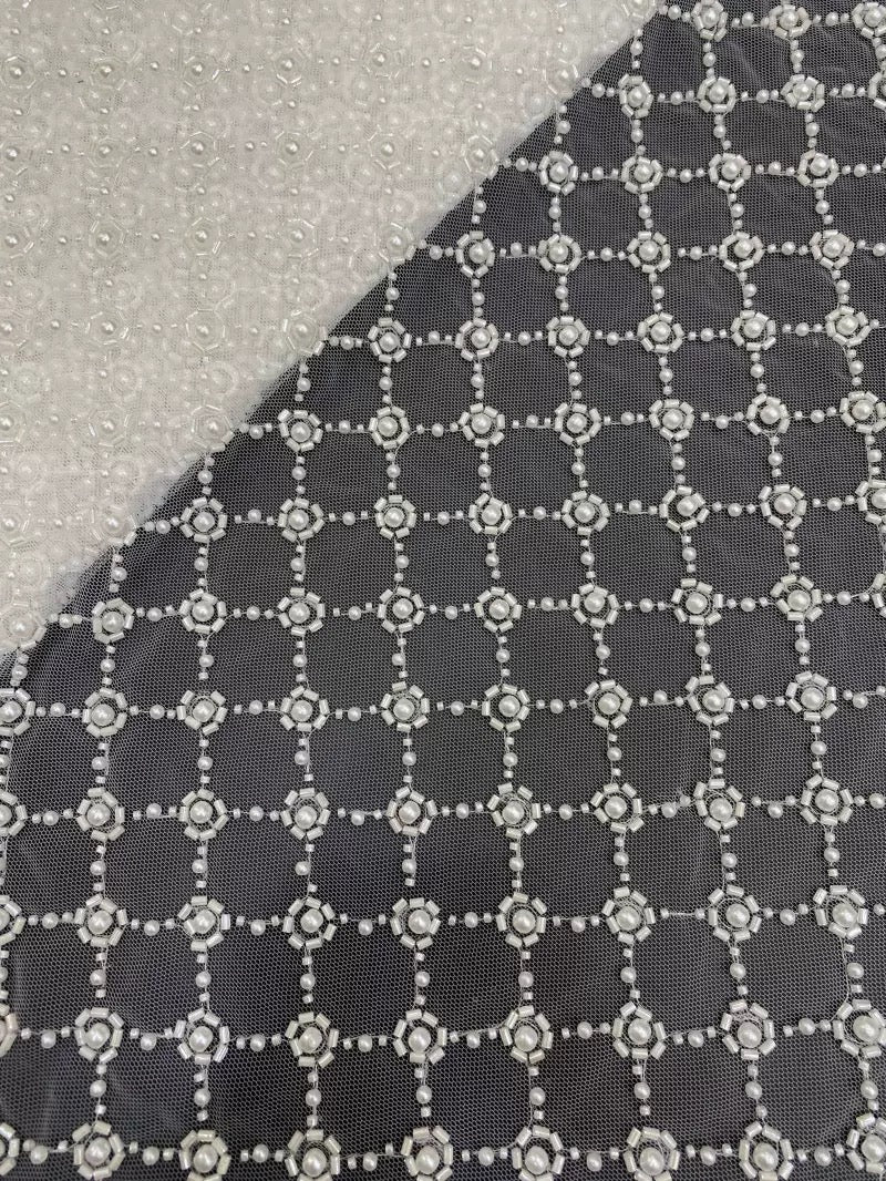New heavy-duty four pearl rhombus mesh large bubble embroidery luxury wedding dress evening gown fashion performance outfit bead embroidery fabric