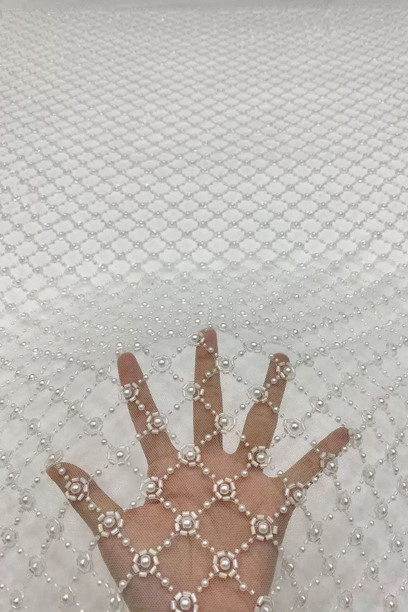 New heavy-duty four pearl rhombus mesh large bubble embroidery luxury wedding dress evening gown fashion performance outfit bead embroidery fabric