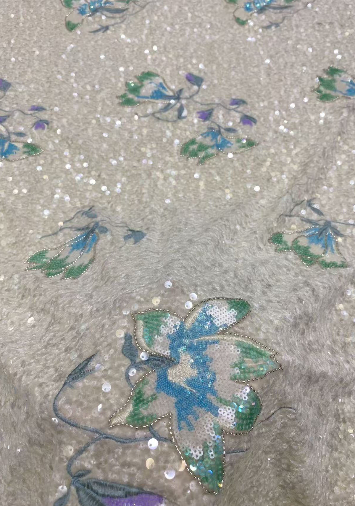 New velvet bottom heavy floral embroidery with beads and sequins, Chinese-style cheongsam evening dress coat, fashion bead embroidery fabric.