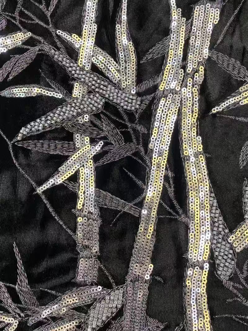 2025 new velvet-flower + bead + sequin embroidery, elegant overcoat, evening gown, women's dress, bead embroidery fabric
