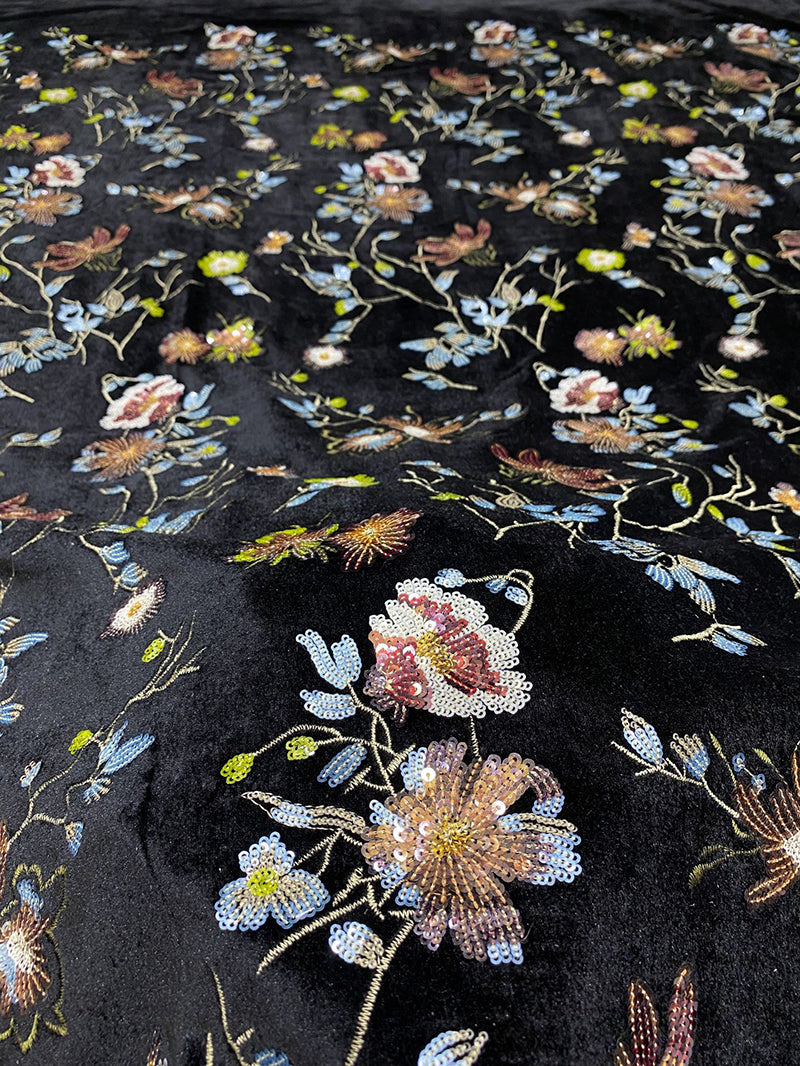 Autumn and winter new style velvet bottom + 7-color multi-colored sequin embroidery Chinese-style women's dress, cheongsam evening dress, fashion dress, bead fabric