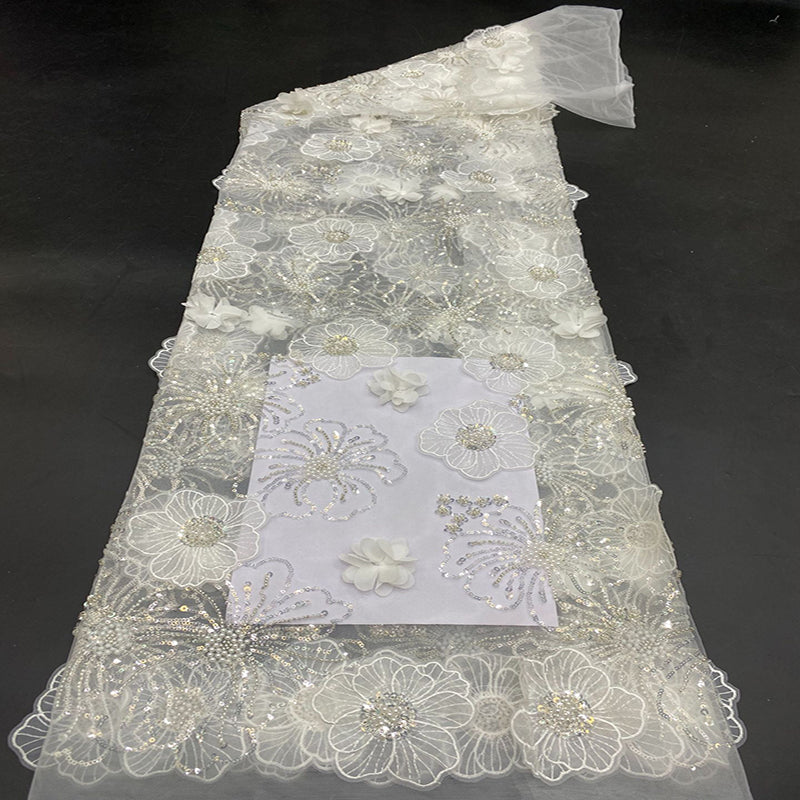 New style three-dimensional flower laser embroidery + bead bubble embroidery + appliqué sequin embroidery women's dress, shirt, evening dress bead embroidery fabric