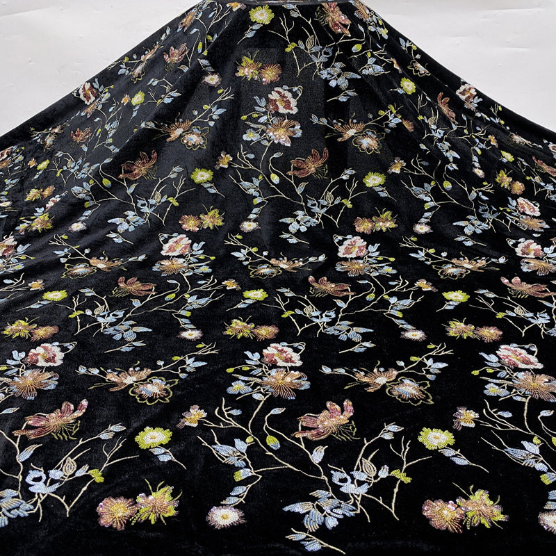 Autumn and winter new style velvet bottom + 7-color multi-colored sequin embroidery Chinese-style women's dress, cheongsam evening dress, fashion dress, bead fabric